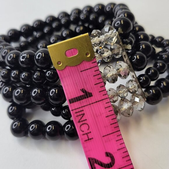 Black Faux Pearl Stretch Bracelet 5 Strand Wide Faux Pearl Elastic Bracelet - Picture 6 of 9